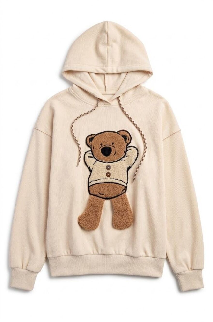 Easel Beige Teddy Bear Patch Relaxed Fit Hooded Pullover NWT